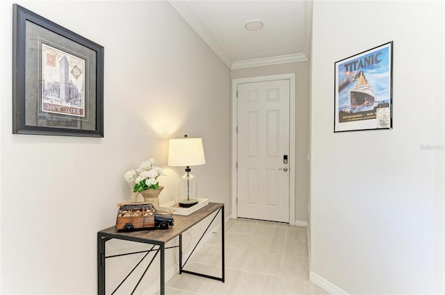 224 Soliera St, Nokomis, FL 34275 - hallway featuring crown molding, light tile patterned floors, and baseboards