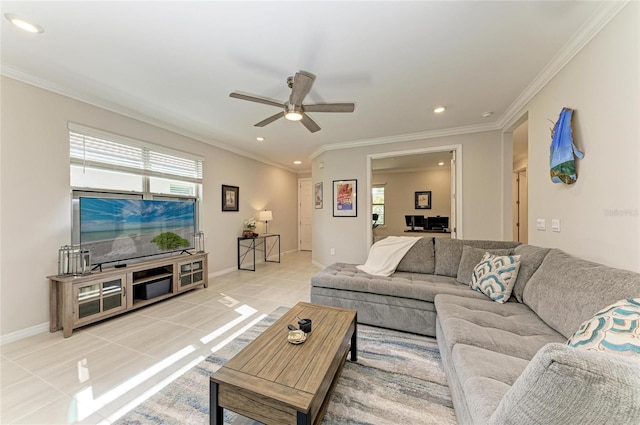 224 Soliera St, Nokomis, FL 34275 - living room featuring ornamental molding, ceiling fan, and light tile patterned floors