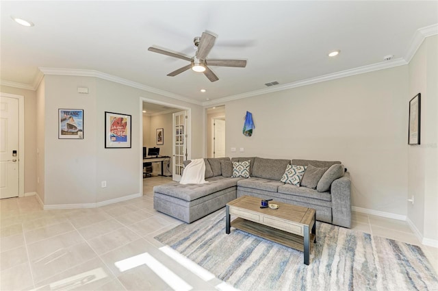 224 Soliera St, Nokomis, FL 34275 - living area with ornamental molding, light tile patterned floors, a ceiling fan, and visible vents