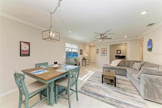 224 Soliera St, Nokomis, FL 34275 - dining area with recessed lighting, visible vents, ceiling fan with notable chandelier, and crown molding
