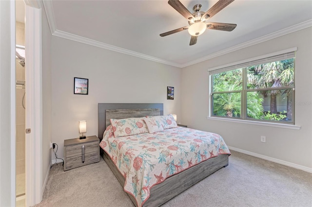 224 Soliera St, Nokomis, FL 34275 - carpeted bedroom featuring baseboards, crown molding, and ceiling fan