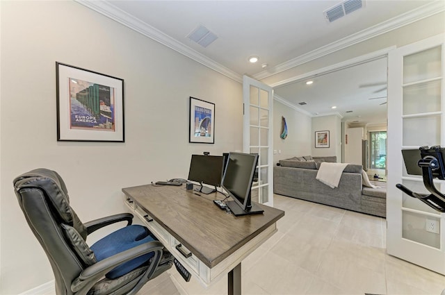 224 Soliera St, Nokomis, FL 34275 - office area featuring crown molding, french doors, light tile patterned floors, and visible vents