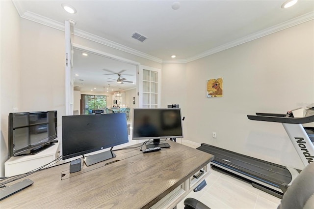 224 Soliera St, Nokomis, FL 34275 - office space featuring crown molding, visible vents, a ceiling fan, and recessed lighting
