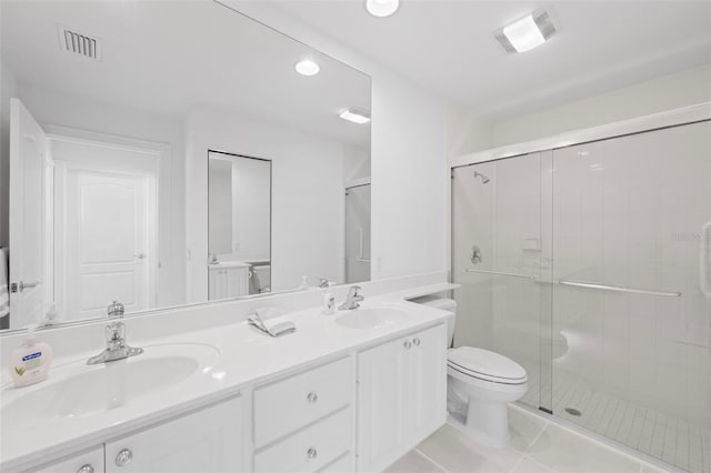 full bath featuring toilet, a stall shower, a sink, and visible vents