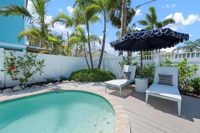 view of pool featuring a deck and a fenced backyard