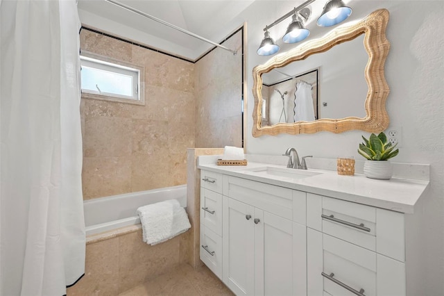 full bath with shower / bathtub combination with curtain and vanity