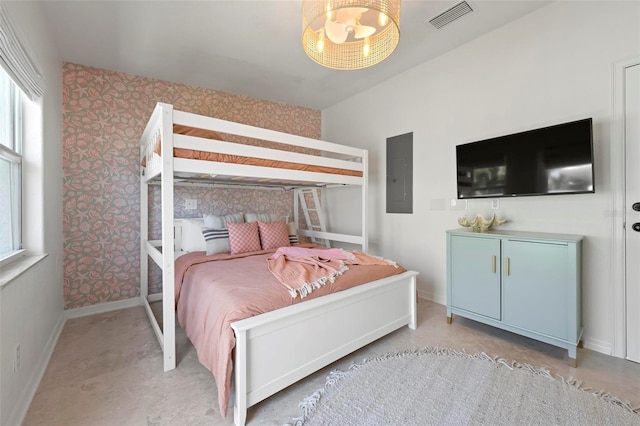 bedroom featuring wallpapered walls, electric panel, multiple windows, and visible vents