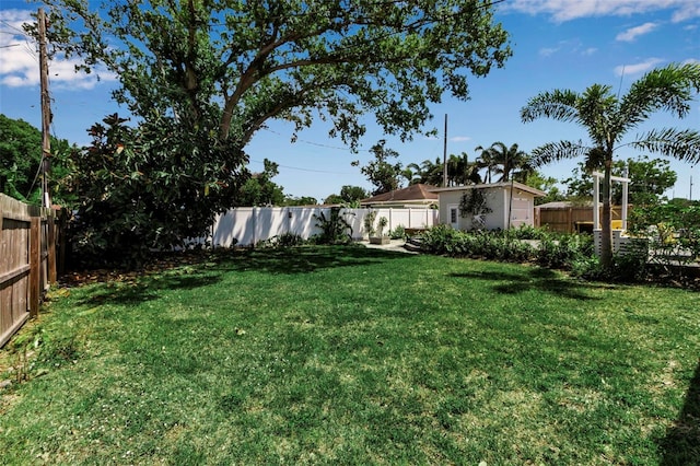 view of yard featuring a fenced backyard and an outbuilding