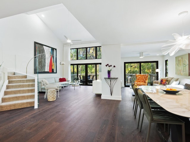 1493 Landings Lake Dr Unit 32, Sarasota, FL 34231 - dining room featuring a wealth of natural light, recessed lighting, high vaulted ceiling, and dark wood finished floors