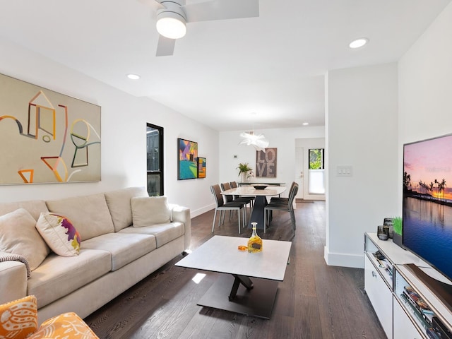 1493 Landings Lake Dr Unit 32, Sarasota, FL 34231 - living room with a ceiling fan, baseboards, recessed lighting, and dark wood-type flooring