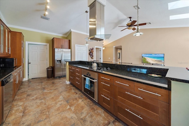kitchen featuring crown molding, a ceiling fan, visible vents, appliances with stainless steel finishes, and island exhaust hood