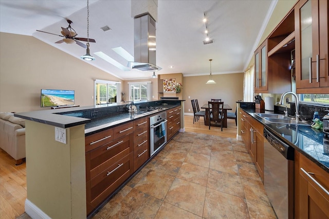kitchen with appliances with stainless steel finishes, open floor plan, glass insert cabinets, lofted ceiling with skylight, and a sink