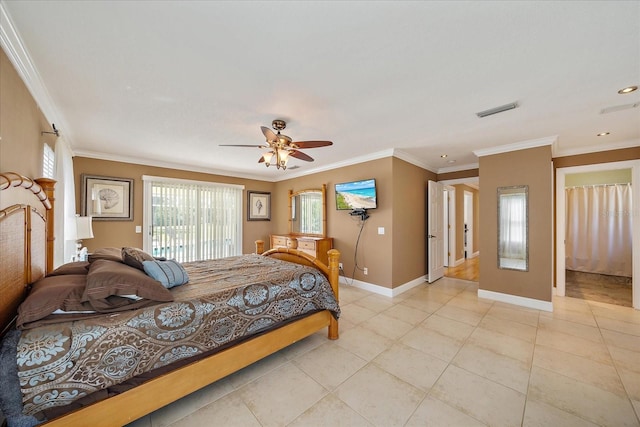 bedroom featuring light tile patterned floors, ornamental molding, visible vents, access to exterior, and baseboards