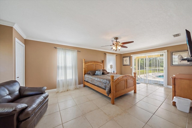 bedroom with access to outside, crown molding, light tile patterned floors, visible vents, and baseboards