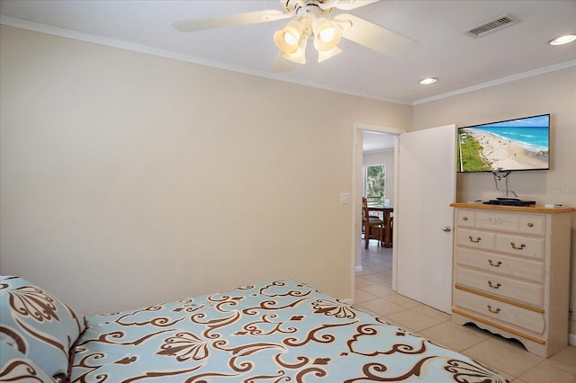 bedroom featuring ornamental molding, recessed lighting, light tile patterned flooring, visible vents, and ceiling fan