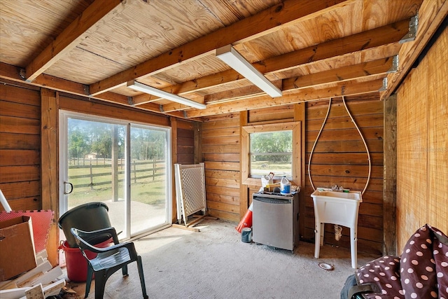 sitting room featuring wood walls