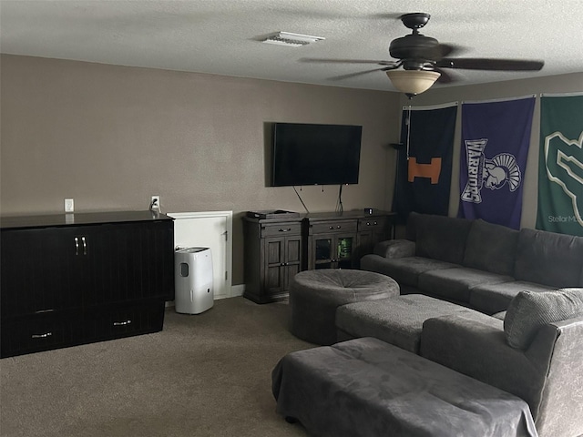 4622 Grand Lakeside Dr, Palm Harbor, FL 34684 - living room featuring ceiling fan, carpet floors, and a textured ceiling