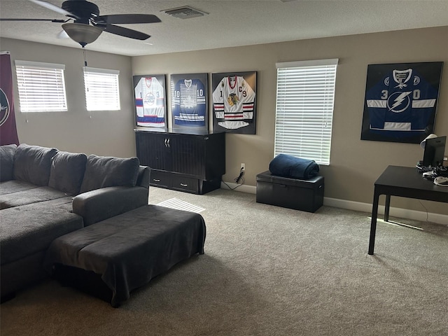 4622 Grand Lakeside Dr, Palm Harbor, FL 34684 - living room with a ceiling fan, carpet floors, baseboards, and a textured ceiling
