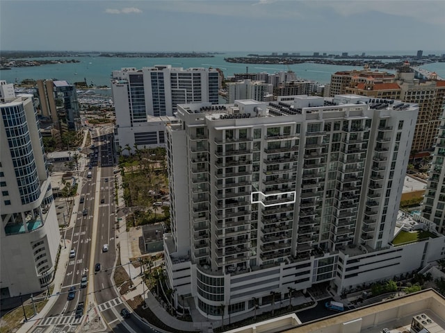 aerial view with a view of city and a water view