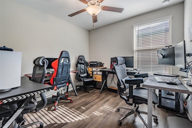 5426 Rainwood Meadows Dr, Apollo Beach, FL 33572 - home office featuring a ceiling fan and wood finished floors