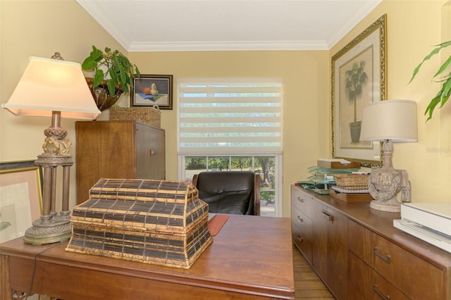 office space featuring crown molding and wood finished floors