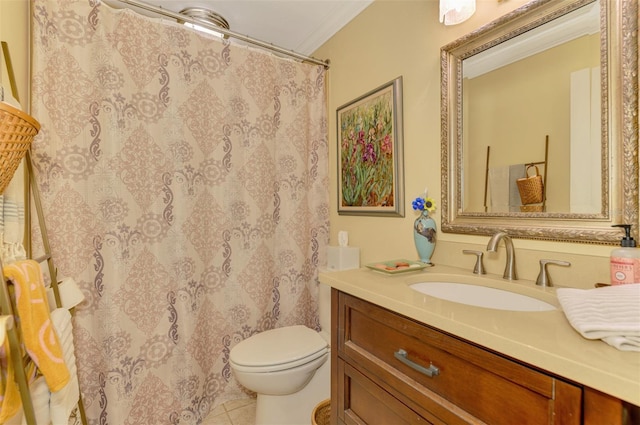 bathroom with a shower with shower curtain, vanity, tile patterned flooring, crown molding, and toilet