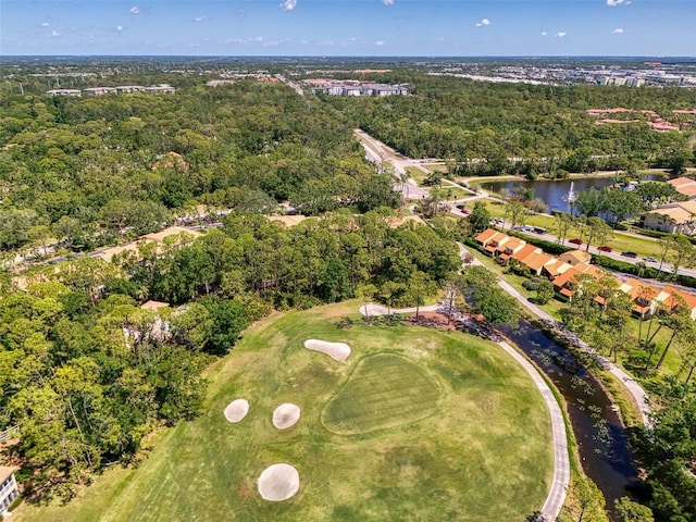 aerial view with a water view and golf course view