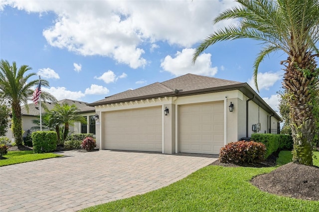 view of front of house featuring an attached garage, a shingled roof, stucco siding, and decorative driveway