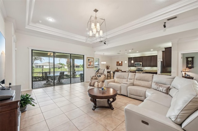 living area featuring ornamental molding, recessed lighting, light tile patterned flooring, a raised ceiling, and a notable chandelier