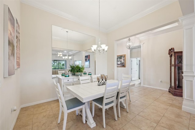 dining space featuring ornamental molding, baseboards, an inviting chandelier, and light tile patterned floors