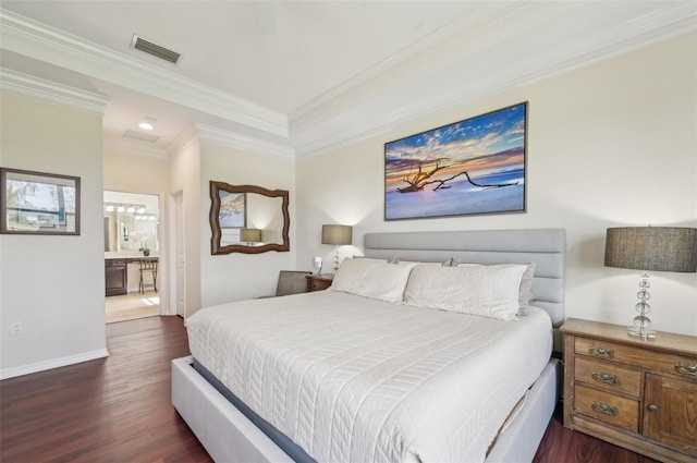 bedroom featuring crown molding, ensuite bathroom, visible vents, baseboards, and dark wood-style floors