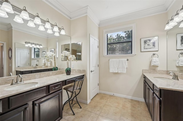 full bath with crown molding, a sink, baseboards, and tile patterned floors
