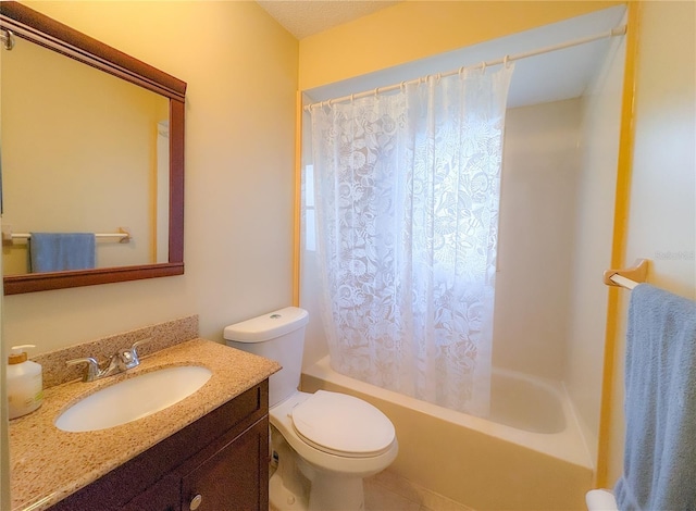 bathroom with shower / tub combo, toilet, and vanity