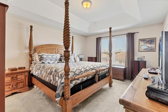 bedroom with light colored carpet and a raised ceiling