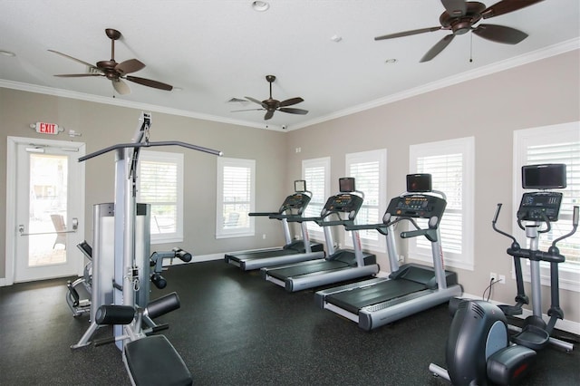 gym featuring a ceiling fan, ornamental molding, and a wealth of natural light