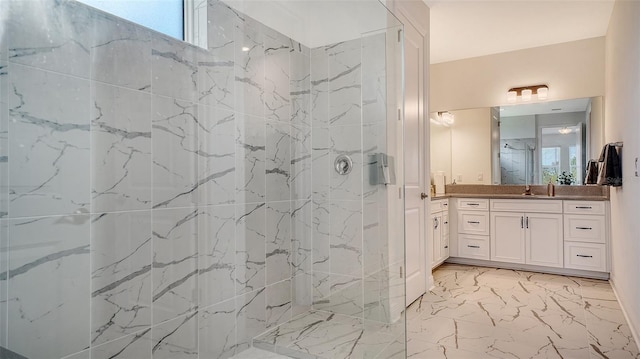 4725 Antrim Dr, Sarasota, FL 34240 - bathroom featuring a marble finish shower, marble finish floors, and vanity