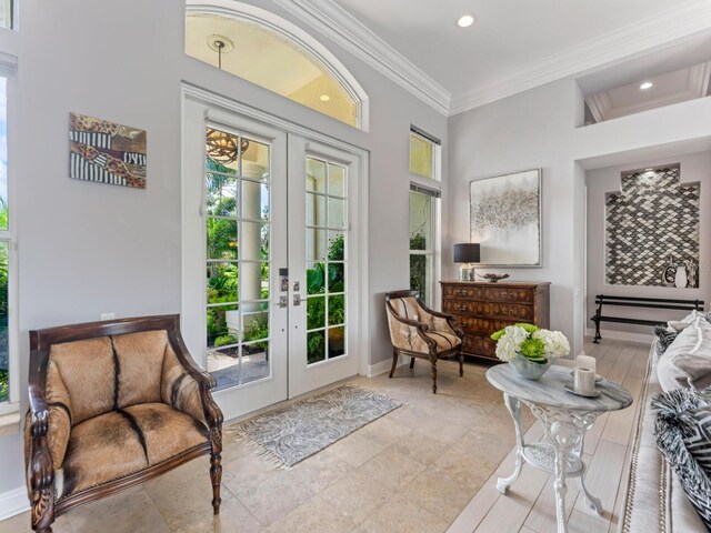 8687 Woodbriar Dr, Sarasota, FL 34238 - entryway featuring french doors, ornamental molding, recessed lighting, and baseboards