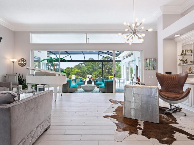 8687 Woodbriar Dr, Sarasota, FL 34238 - living area featuring ornamental molding and a chandelier