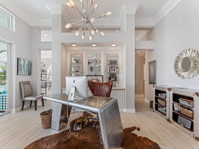 8687 Woodbriar Dr, Sarasota, FL 34238 - home office with a chandelier, ornamental molding, wood finish floors, a high ceiling, and baseboards
