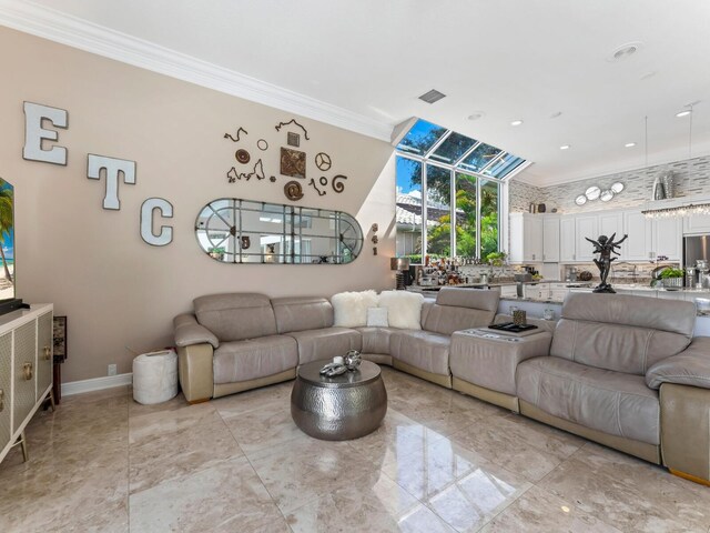 8687 Woodbriar Dr, Sarasota, FL 34238 - living room featuring crown molding and baseboards