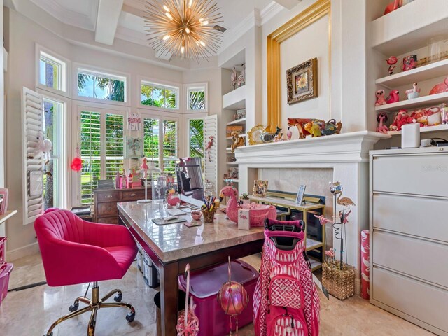 8687 Woodbriar Dr, Sarasota, FL 34238 - home office with built in features, ornamental molding, a chandelier, tile patterned flooring, and beam ceiling