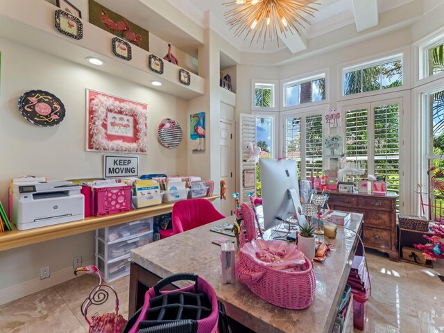 8687 Woodbriar Dr, Sarasota, FL 34238 - office area with crown molding, a chandelier, a towering ceiling, and baseboards