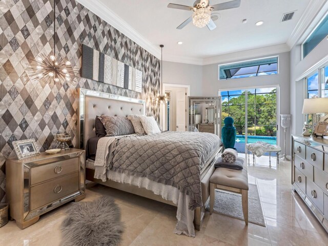 8687 Woodbriar Dr, Sarasota, FL 34238 - bedroom featuring access to outside, crown molding, ceiling fan, recessed lighting, and a towering ceiling