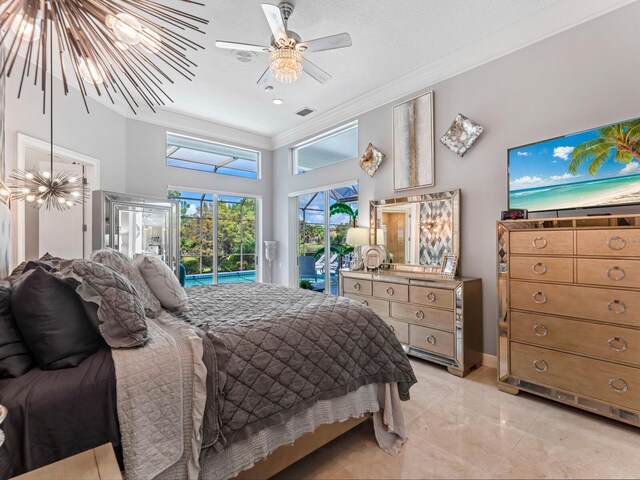 8687 Woodbriar Dr, Sarasota, FL 34238 - bedroom with access to exterior, crown molding, a ceiling fan, light marble finish flooring, and a sunroom