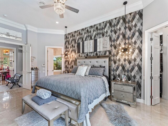 8687 Woodbriar Dr, Sarasota, FL 34238 - bedroom with an accent wall, crown molding, baseboards, a ceiling fan, and recessed lighting