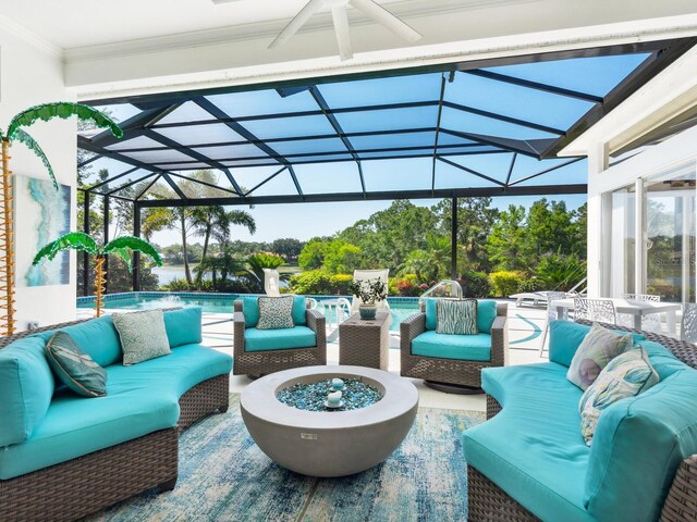 8687 Woodbriar Dr, Sarasota, FL 34238 - view of patio with an outdoor hangout area, glass enclosure, and an outdoor pool