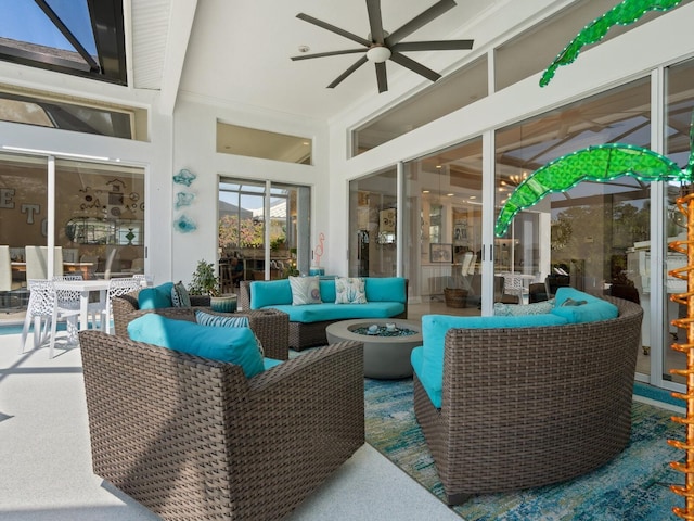8687 Woodbriar Dr, Sarasota, FL 34238 - view of patio / terrace featuring an outdoor living space with a fire pit and ceiling fan