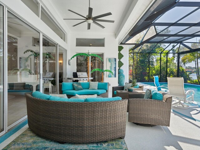 8687 Woodbriar Dr, Sarasota, FL 34238 - view of patio / terrace featuring ceiling fan, a grill, a lanai, and outdoor dining space