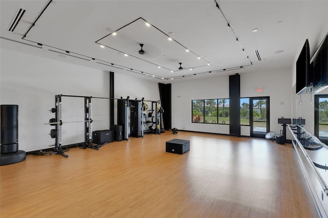 8355 Velda Trl, Sarasota, FL 34241 - workout area featuring light wood-style floors, plenty of natural light, and a high ceiling