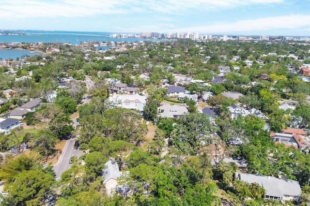 aerial view with a water view and a view of city